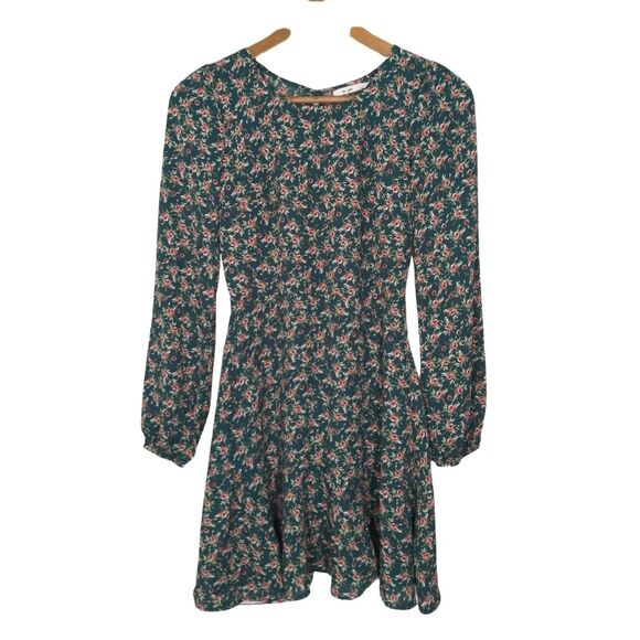 Francesca's Mi Ami Green & Pink Floral Print Long Sleeve Mini Dress Sz XXS - Picture 7 of 7
